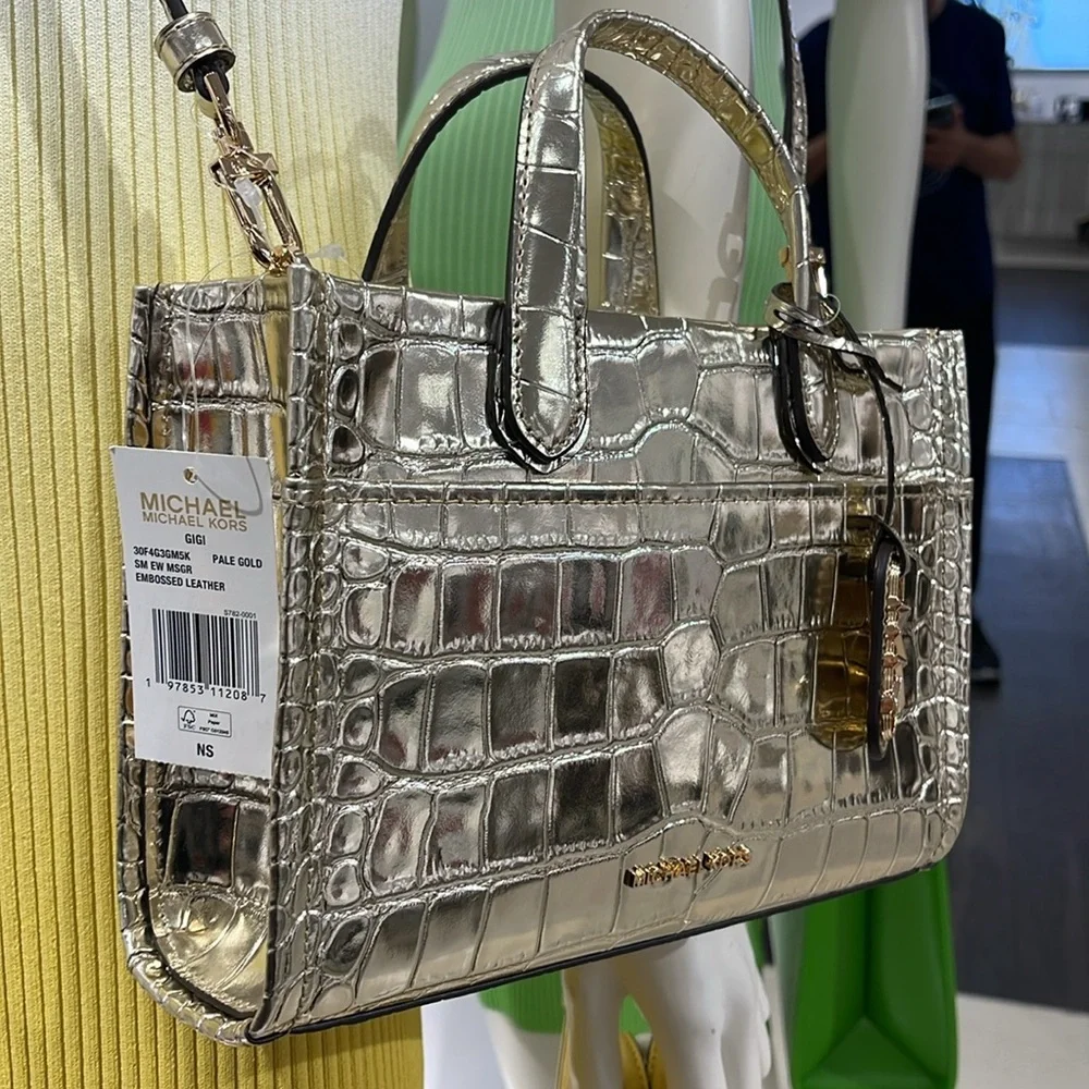 Michael Kors Gigi Small Metallic Crocodile Embossed Leather Messenger Pale Gold